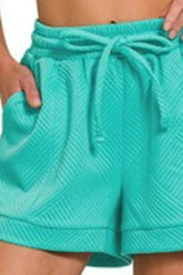 Zenana Textured Knit Jacquard Drawstring Shorts OutfitFlow